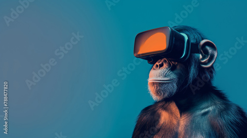 Portrait of a stylized monkey wearing VR headset against a blue background. Anthropomorphic monkey experiencing virtual reality photo