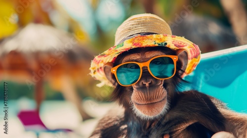 Whimsical anthropomorphic monkey lounging in beachwear and sunglasses under a sunny sky photo