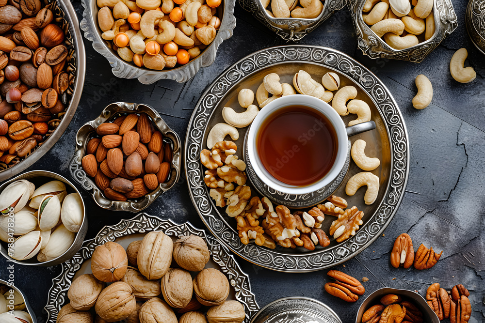 top view of mixed nuts in ceramic bowl and cup a coffe. Mix of various nuts on colored background. pistachios, cashews, walnuts, hazelnuts, peanuts and brazil nuts. top view of mixed nuts in ceramic bowl and cup a coffe. Mix of various nuts on colored background. pistachios, cashews, walnuts, hazelnuts, peanuts and brazil nuts.