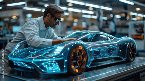 An automotive engineer in a manufacturing plant utilizes a holographic interface to inspect the aerodynamics of a sports car design.