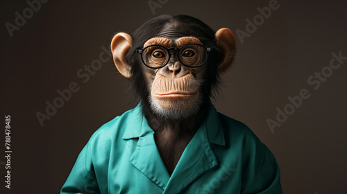 Intelligent and thoughtful chimpanzee veterinarian in professional medical scrubs and glasses portraying a funny and creative doctor character with a stethoscope. Anthropomorphic costume photo