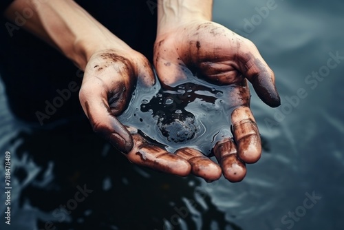 Caucasian oil hands are folded in a bowl of oil. Oil spill. Environmental pollution photo