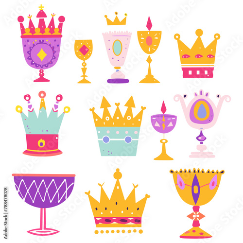 Miniature royal treasures: a set of gleaming silver crowns and goblets on a neutral gray backdrop