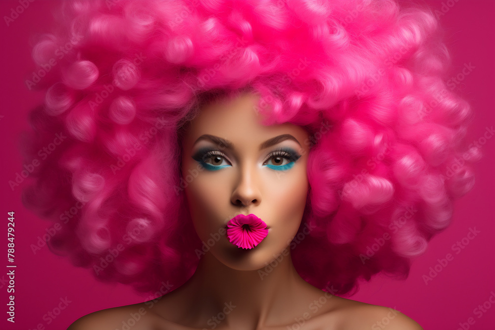 Stylish woman with curls and mouth opened