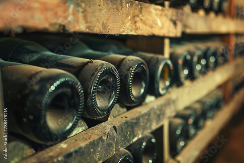 Vintage bottles of expensive quality wine stored in a vintage cellar showcase