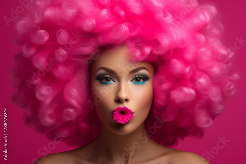 Stylish woman with curls and mouth opened