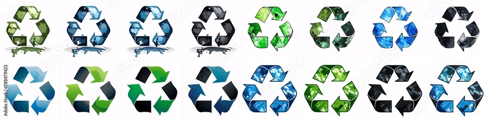 Fototapeta premium Four different green blue and black vector icons of the recycle logo