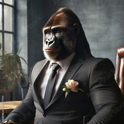 Un gorilla vestito in abiti da cerimonia, molto elegante. photo