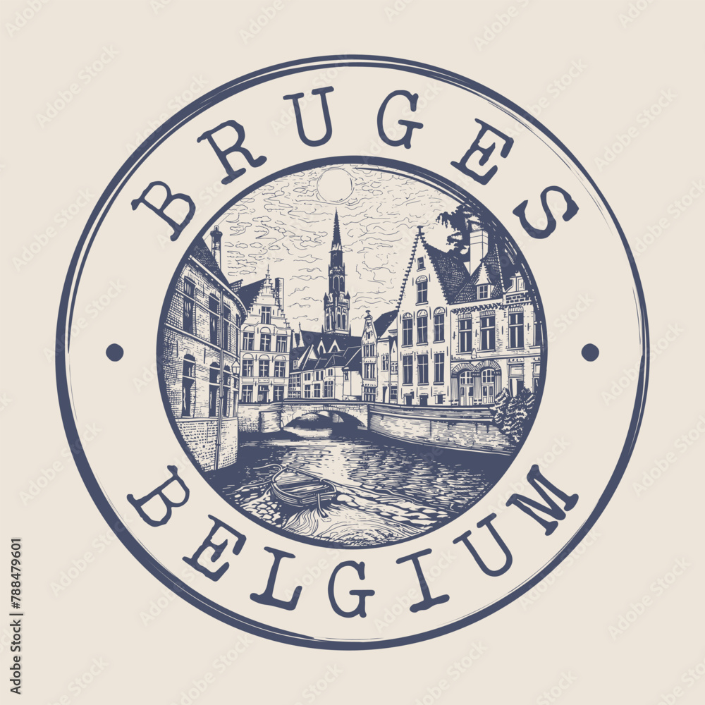 Fototapeta premium Bruges, Belgium Stamp City Postmark. Silhouette Postal Passport. Round Vector Icon. Vintage Postage Design.