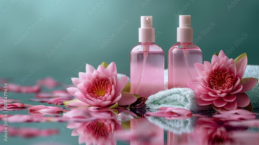 Two bottles of body lotion surrounded by pink lotus flowers next to a soft towel on a solid color background. Generated by artificial intelligence. Two bottles of body lotion surrounded by pink lotus flowers next to a soft towel on a solid color background. Generated by artificial intelligence.