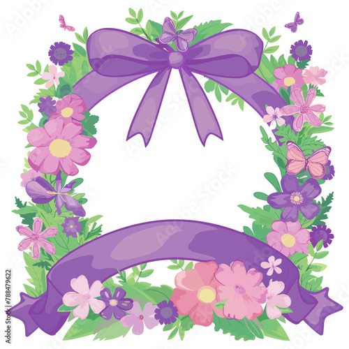 rectangular picture frame overflowing with a variety of wildflowers in shades of pink, purple, and blue, set against a sunshine yellow backdrop