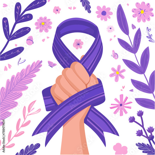 message of empowerment and resilience for cancer survivors. A hand forms a fist and grasps a purple ribbon, with soft pink flowers blooming nearby