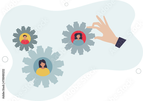 put new employee to fix cogwheel gears.flat vector illustration.