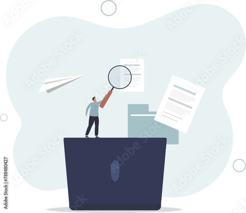 man with magnifying glass search for file in folder computer laptop.computer data backup or virus scan,flat vector illustration.