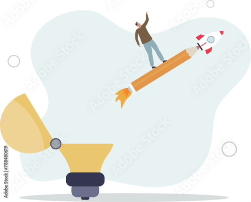 riding pencil rocket from opening lightbulb.flat vector illustration.Creativity to create new idea