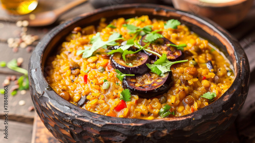 Delicious bengali dal curry with grilled eggplant and fresh cilantro garnish photo