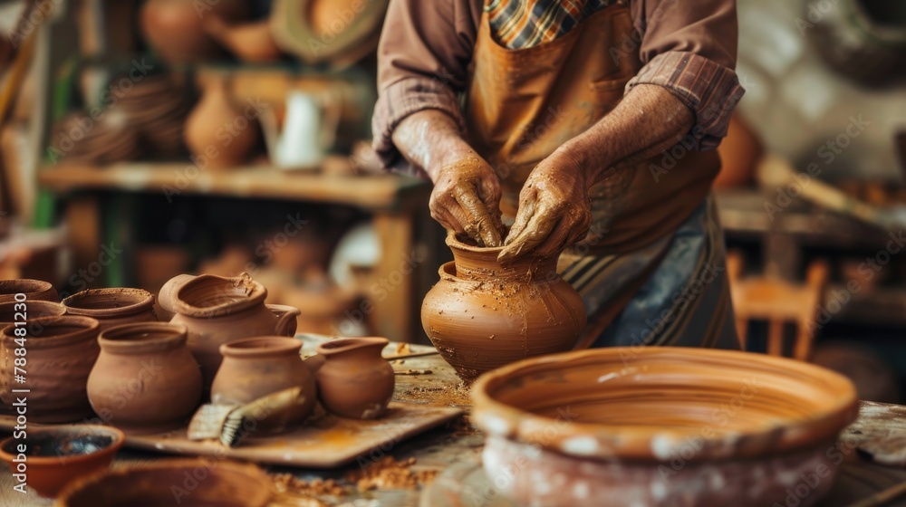 A traditional pottery workshop with an artisan shaping a clay pot - obrazy, fototapety, plakaty 