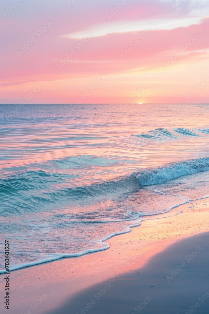 A serene beach scene at sunset with soft pastel colors and a calm ocean, ideal for relaxation themes - obrazy, fototapety, plakaty 