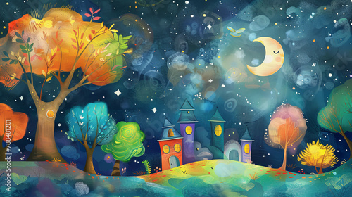 A colorful painting of a forest with a moon in the sky. The mood of the painting is peaceful and serene