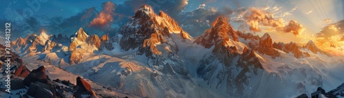 A panoramic view of a mountain range during sunrise, the peaks illuminated with golden light #788481212