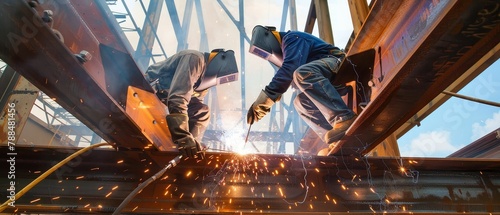 Welders joining steel beams, sparks flying, strength, enduring connections photo