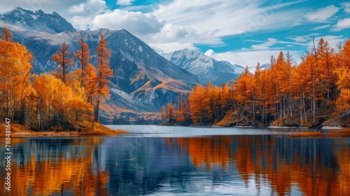Beautiful landscape of a large lake with mountains and orange trees in autumn in high resolution and high quality. concept landscape,autumn,seasons photo