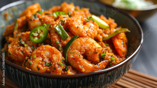 Authentic bangladeshi shrimp curry garnished with green chilies and herbs