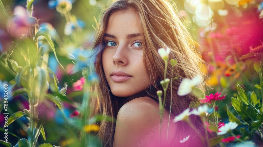 A portrait of a woman with long hair in a garden surrounded by flowers. A portrait of a woman with long hair in a garden surrounded by flowers.