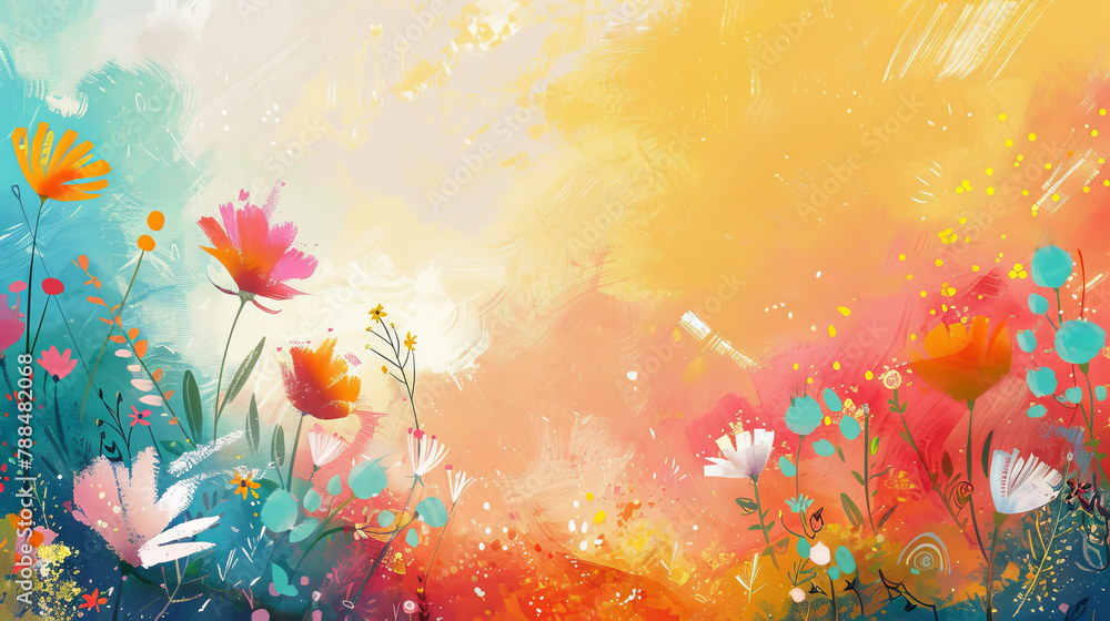 A painting of a field of flowers with a bright yellow background. The flowers are in various colors and sizes, and the sky is a light blue. The mood of the painting is cheerful and uplifting