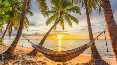Tropical beach paradise, hammock between palms, sunset, ultimate relaxation photo