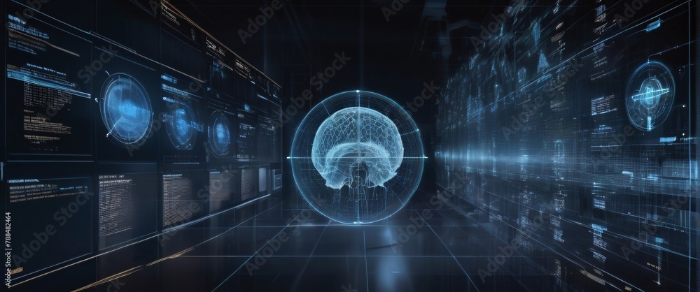 Obraz premium analyze complex data sets in real-time, with no people a digital interface overlaid, in a silhouette double exposure. In the background is a flow of data showing various cyber threats and vulnerabilit