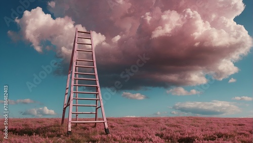 Step ladder leading to clouds . Growth, future, development concept. Minimal pink compostition.