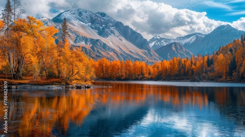 Beautiful landscape of a large lake with mountains and orange trees in autumn in high resolution and high quality. landscape concept, autumn, seasons, lake, mountains
