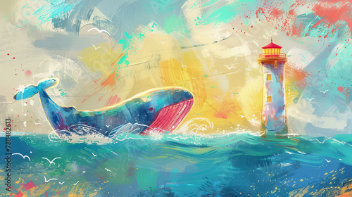 A whale is swimming in the ocean next to a lighthouse. The painting is colorful and lively, with the whale and lighthouse being the main subjects. The mood of the painting is peaceful and serene photo