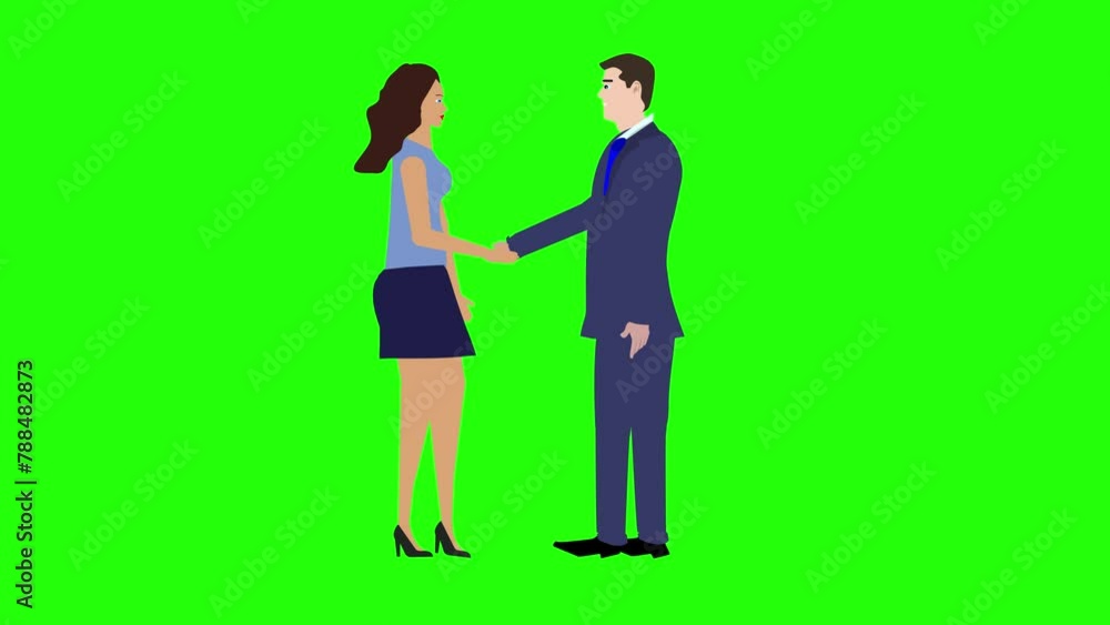 custom made wallpaper toronto digitalMan and Woman character doing handshake, cartoon animation, on green screen chroma key