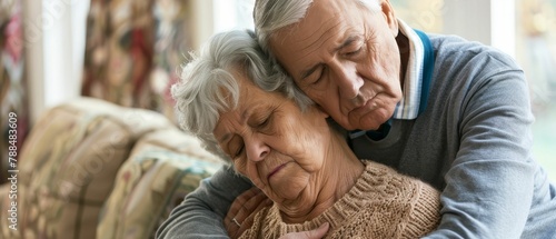 Senior caring for their spouse, love enduring, physically weary photo