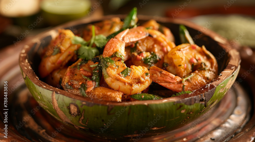 Delectable serving of spicy shrimp curry garnished with cilantro in a bamboo bowl Delectable serving of spicy shrimp curry garnished with cilantro in a bamboo bowl