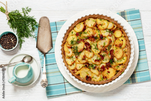 Irish potato pie with bacon in baking dish © myviewpoint