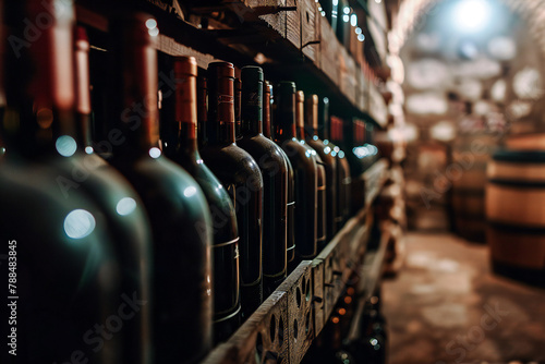 Vintage bottles of expensive quality wine stored in a vintage cellar showcase photo