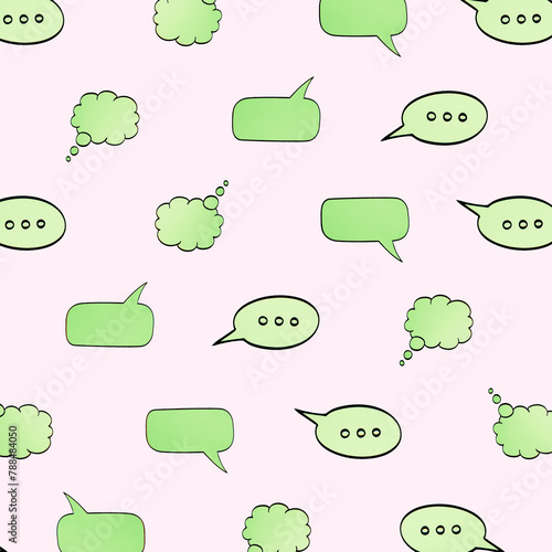 Pattern made of green speech bubbles on a pink background. Comic cloud with a place for text.