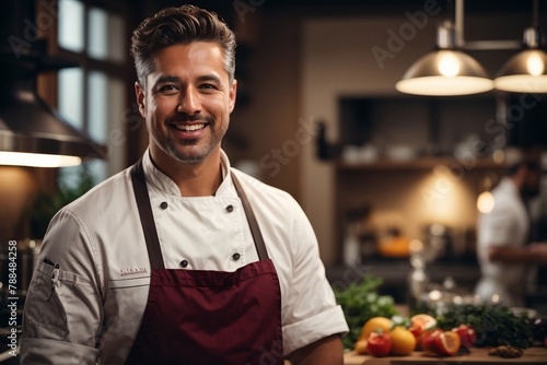 Handsome smiling male chef standing in the kitchen