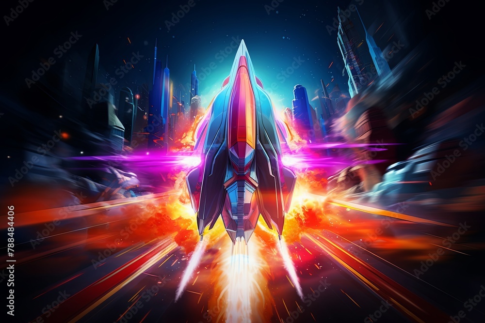 Vibrant neon hues bring a futuristic flair to a dynamic painting of a spaceship rocket, showcasing the boundless possibilities of futuristic artistry on dark black background. - obrazy, fototapety, plakaty 