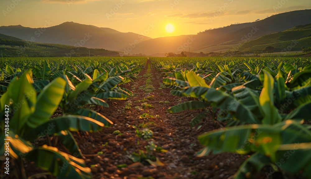 Fototapeta premium A field of banana plants with a sun in the sky. The sun is setting behind the mountains