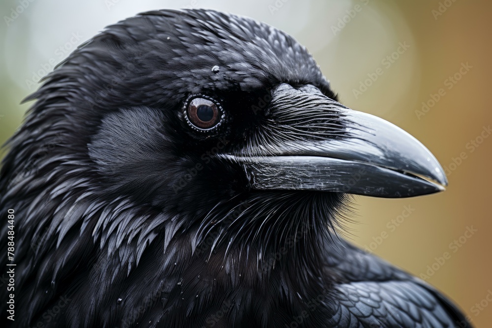 Fototapeta premium Observant Raven closeup corvus. Natural eye. Generate Ai
