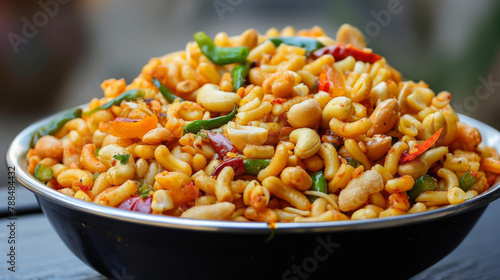 Spicy and vibrant close-up of traditional bangladeshi jhalmuri dish photo