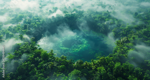 A large body of water surrounded by trees and a foggy sky. The water is deep and the trees are lush and green