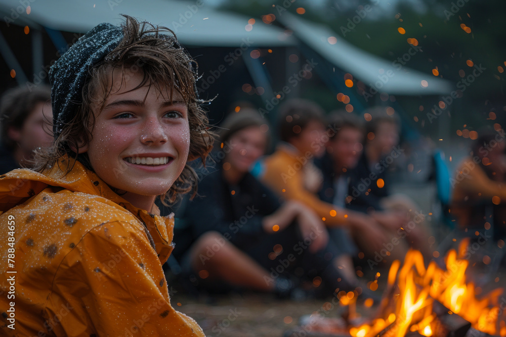 A young girl is smiling and sitting next to a fire. The other people around her are also smiling and sitting around the fire. A young girl is smiling and sitting next to a fire. The other people around her are also smiling and sitting around the fire.
