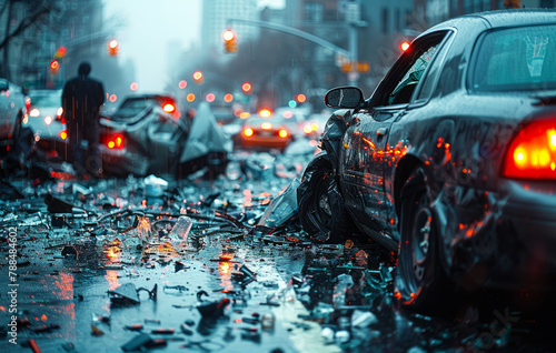 A car accident scene with a car that is partially crushed. The scene is blurry and has a mood of chaos and destruction