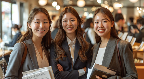 Three young professional women smiling in a business setting, holding documents. photo