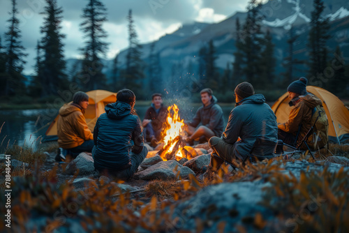 A group of people sitting around a campfire in the woods. The fire is burning brightly, and the group is enjoying each other's company.